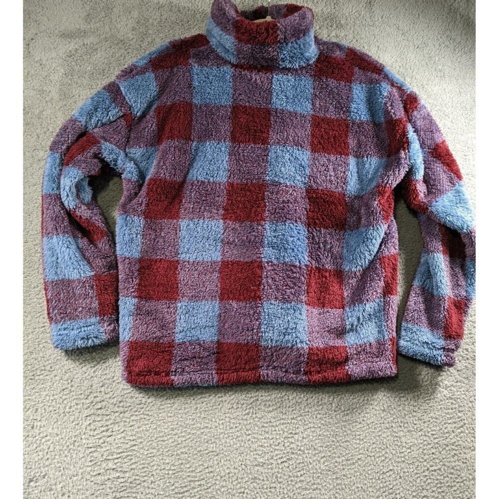 Eddie Bauer Sweater Jacket Womens XL Teddy Plush Fleece Check Plaid 1/4 Zip Mock - Picture 2 of 12